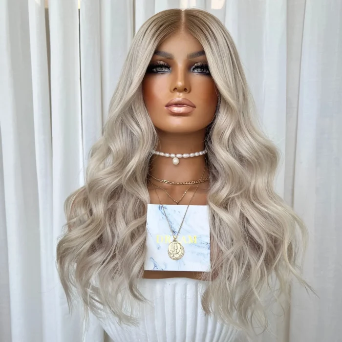Ombre platine Blonde vague lâche blanchi nœuds invisibles vierge russe cuticule aligné cheveux clair dentelle avant perruques – Image 2