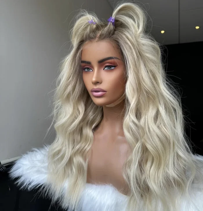 Blonde Ombre vague lâche petits noeuds vierge cuticule alignée cheveux humains avant de lacet perruques avec racine brun cendré – Image 6