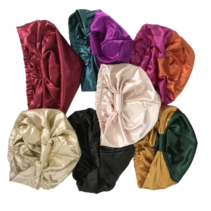 Turban en soie coloré noué, casquette de perte de cheveux, chapeau de sommeil de nuit, couvre-tête, Bonnet Hijab, enveloppes de cheveux en Satin – Image 4