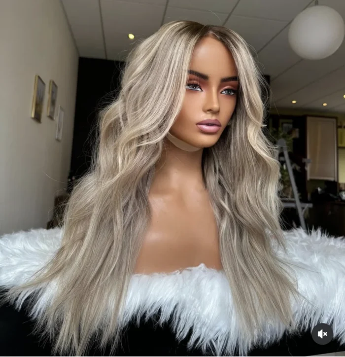 Blonde Ombre vague lâche petits noeuds vierge cuticule alignée cheveux humains avant de lacet perruques avec racine brun cendré – Image 4