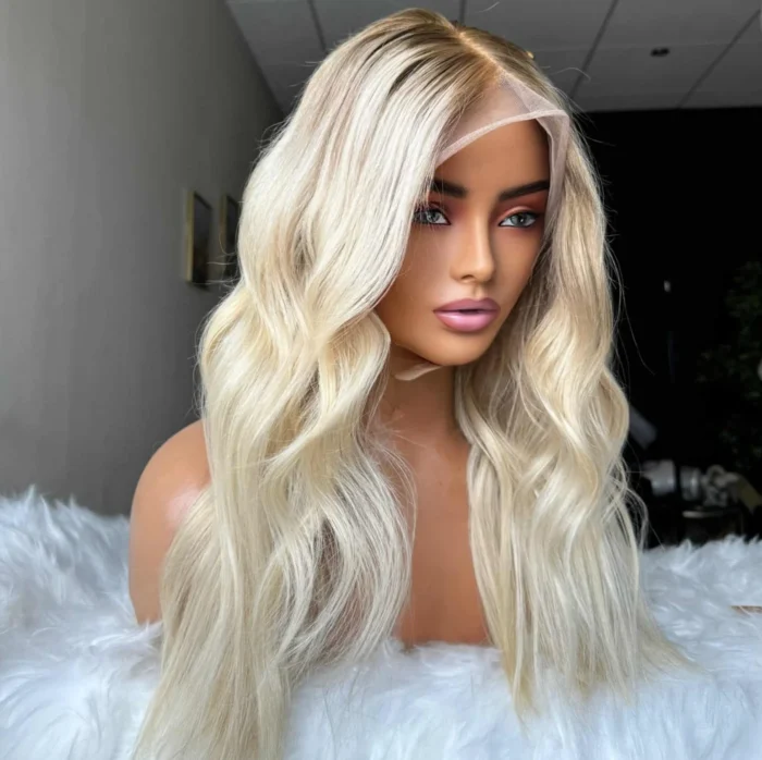 Blonde Ombre vague lâche petits noeuds vierge cuticule alignée cheveux humains avant de lacet perruques avec racine brun cendré – Image 2