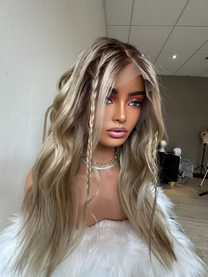 Blonde Ombre vague lâche petits noeuds vierge cuticule alignée cheveux humains avant de lacet perruques avec racine brun cendré – Image 5