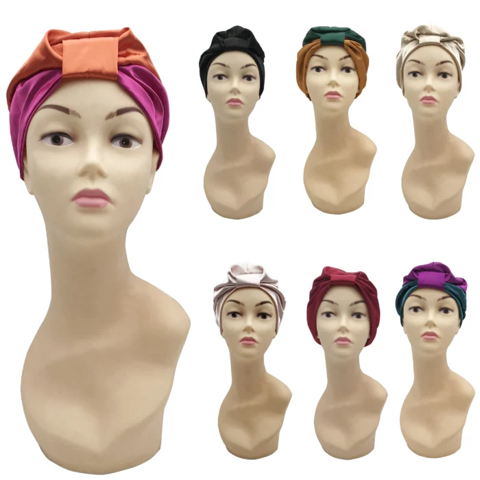 Turban en soie coloré noué, casquette de perte de cheveux, chapeau de sommeil de nuit, couvre-tête, Bonnet Hijab, enveloppes de cheveux en Satin – Image 2