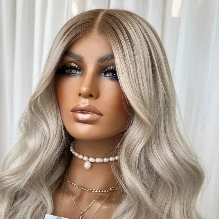 Ombre platine Blonde vague lâche blanchi nœuds invisibles vierge russe cuticule aligné cheveux clair dentelle avant perruques – Image 3