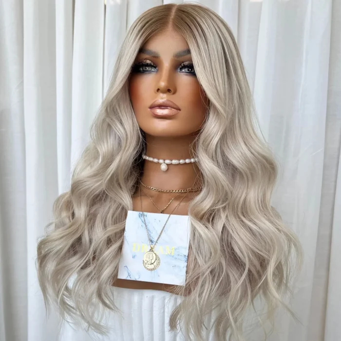 Ombre platine Blonde vague lâche blanchi nœuds invisibles vierge russe cuticule aligné cheveux clair dentelle avant perruques – Image 5