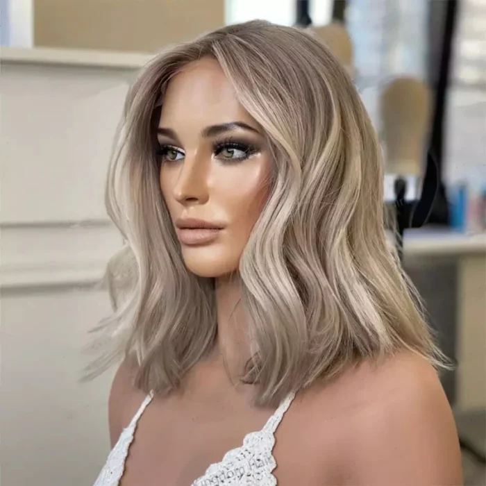 Lace Front Wig human hair Blonde cendrée froide, Bob Loose Wave,