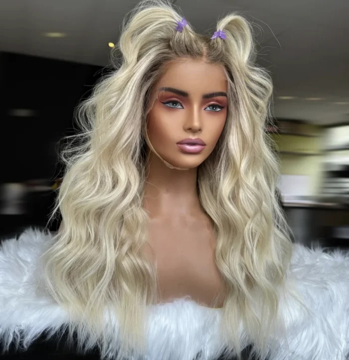 Blonde Ombre vague lâche petits noeuds vierge cuticule alignée cheveux humains avant de lacet perruques avec racine brun cendré – Image 3
